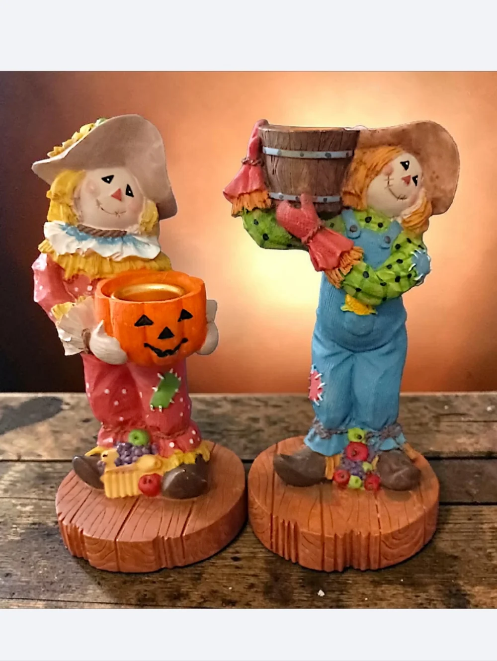 2 Vtg Scarecrow Candle Holders Resin Fall Thanksgiving Decor‎ Halloween Autumn